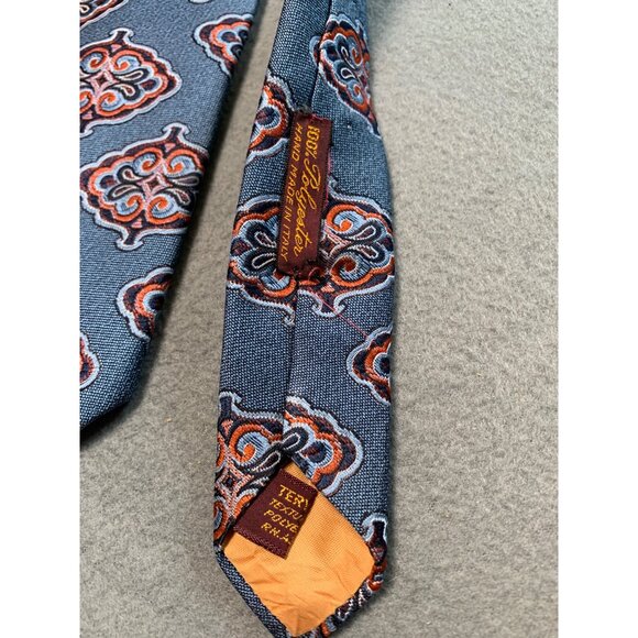 Vintage Gino Pompeii Mens Tie Silk Handmade Italy Blue Orange Pattern Necktie - Picture 4 of 5